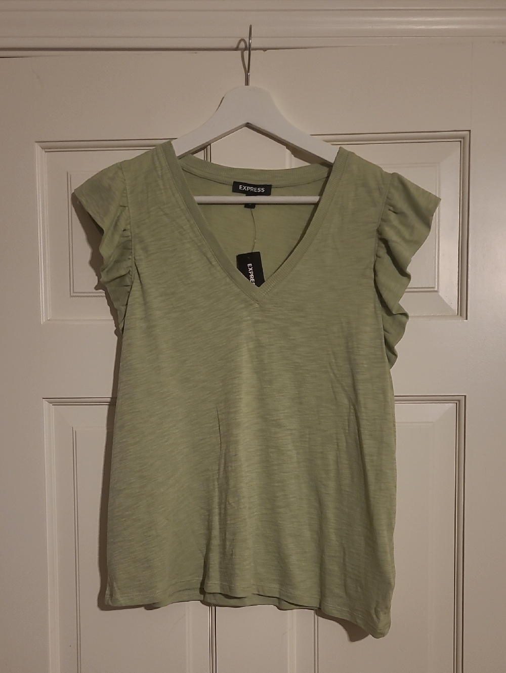 Express Light Green V-Neck Ruffle Sleeve Tee